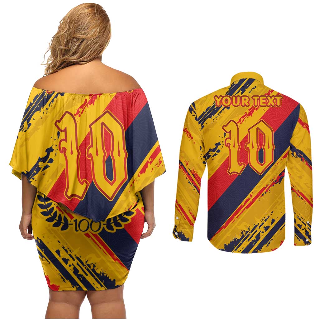 Custom Ecuador Football Couples Matching Off Shoulder Short Dress and Long Sleeve Button Shirt La Tricolor-100th Anniversary - Wonder Print Shop