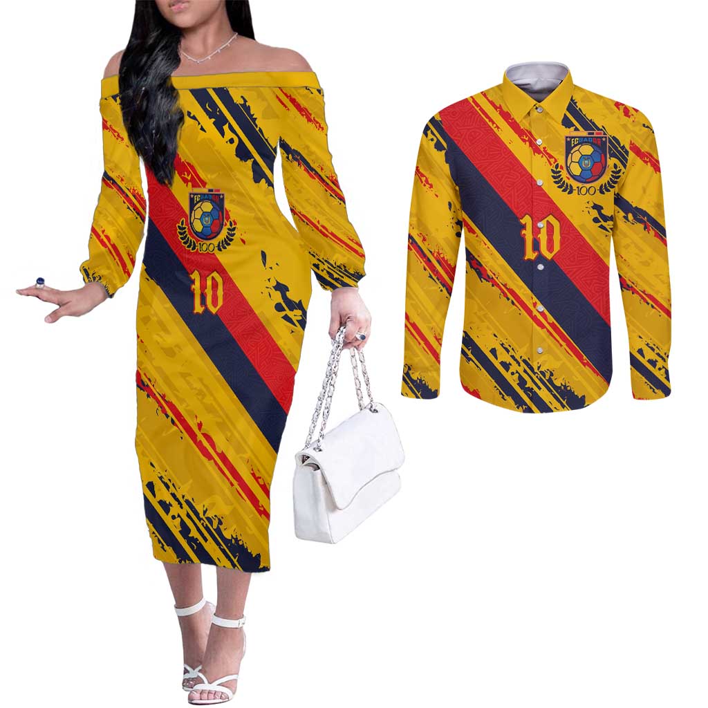 Custom Ecuador Football Couples Matching Off The Shoulder Long Sleeve Dress and Long Sleeve Button Shirt La Tricolor-100th Anniversary - Wonder Print Shop