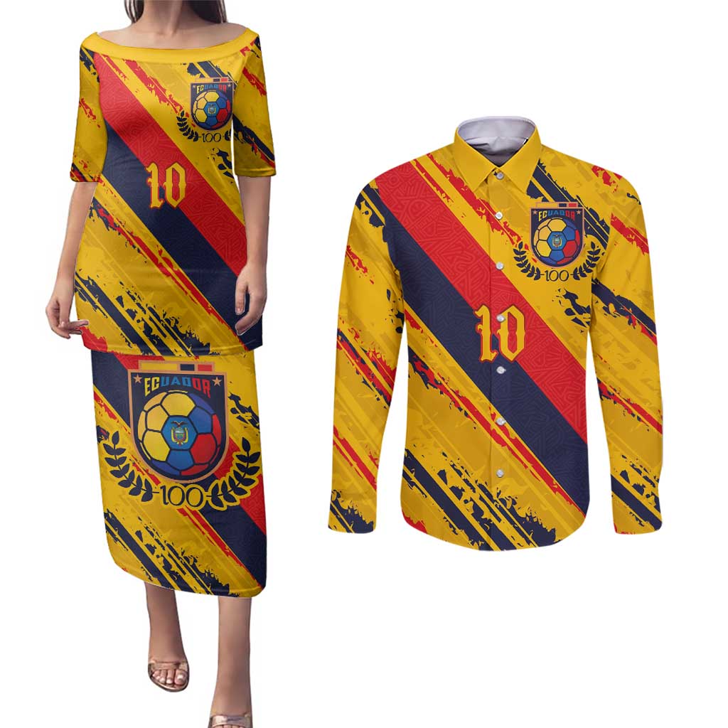 Custom Ecuador Football Couples Matching Puletasi and Long Sleeve Button Shirt La Tricolor-100th Anniversary - Wonder Print Shop