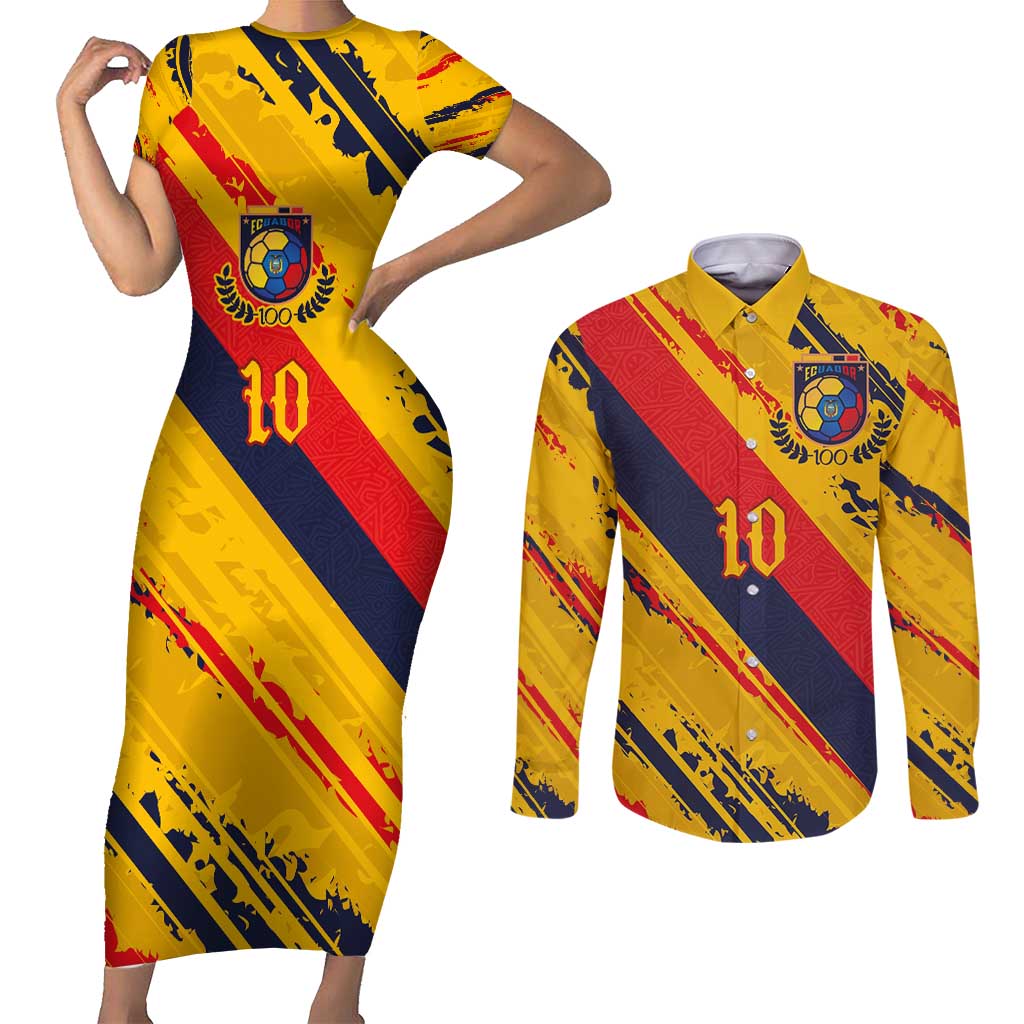 Custom Ecuador Football Couples Matching Short Sleeve Bodycon Dress and Long Sleeve Button Shirt La Tricolor-100th Anniversary - Wonder Print Shop