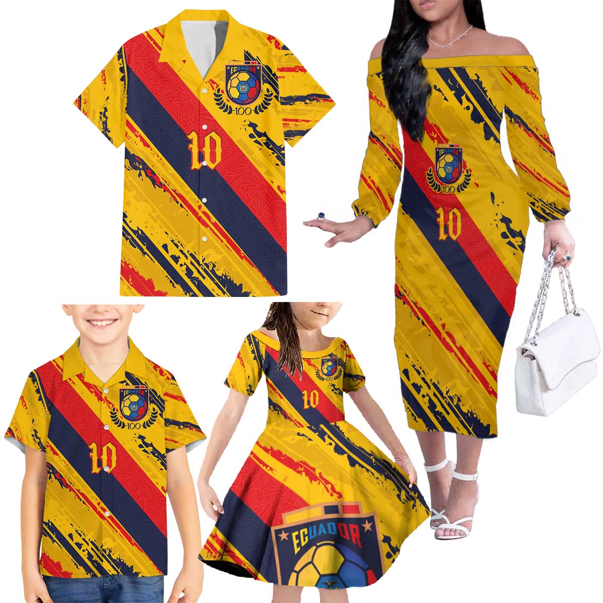 Custom Ecuador Football Family Matching Off The Shoulder Long Sleeve Dress and Hawaiian Shirt La Tricolor-100th Anniversary - Wonder Print Shop
