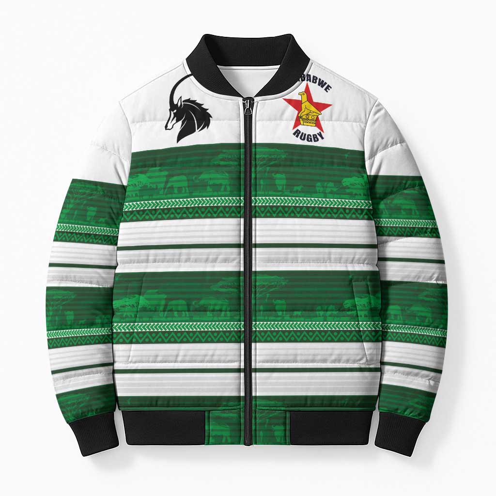 Custom Zimbabwe Rugby Bomber Puffer Jacket African Heritage Stripes Style - Wonder Print Shop
