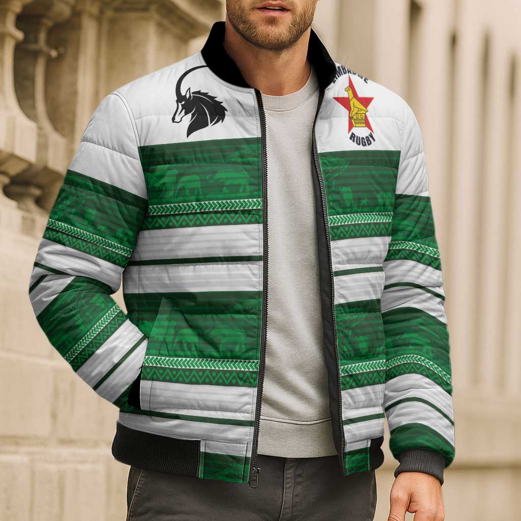Custom Zimbabwe Rugby Bomber Puffer Jacket African Heritage Stripes Style - Wonder Print Shop