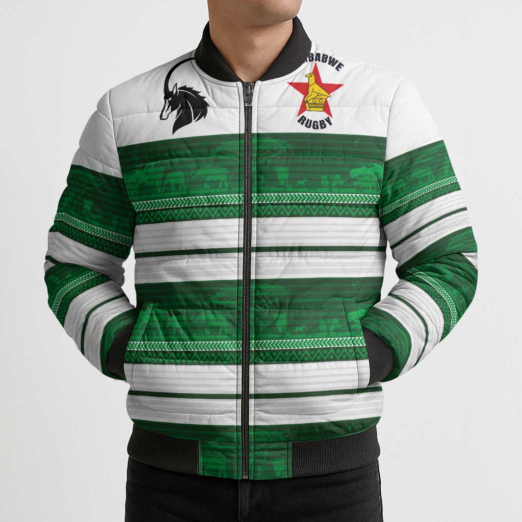 Custom Zimbabwe Rugby Bomber Puffer Jacket African Heritage Stripes Style - Wonder Print Shop