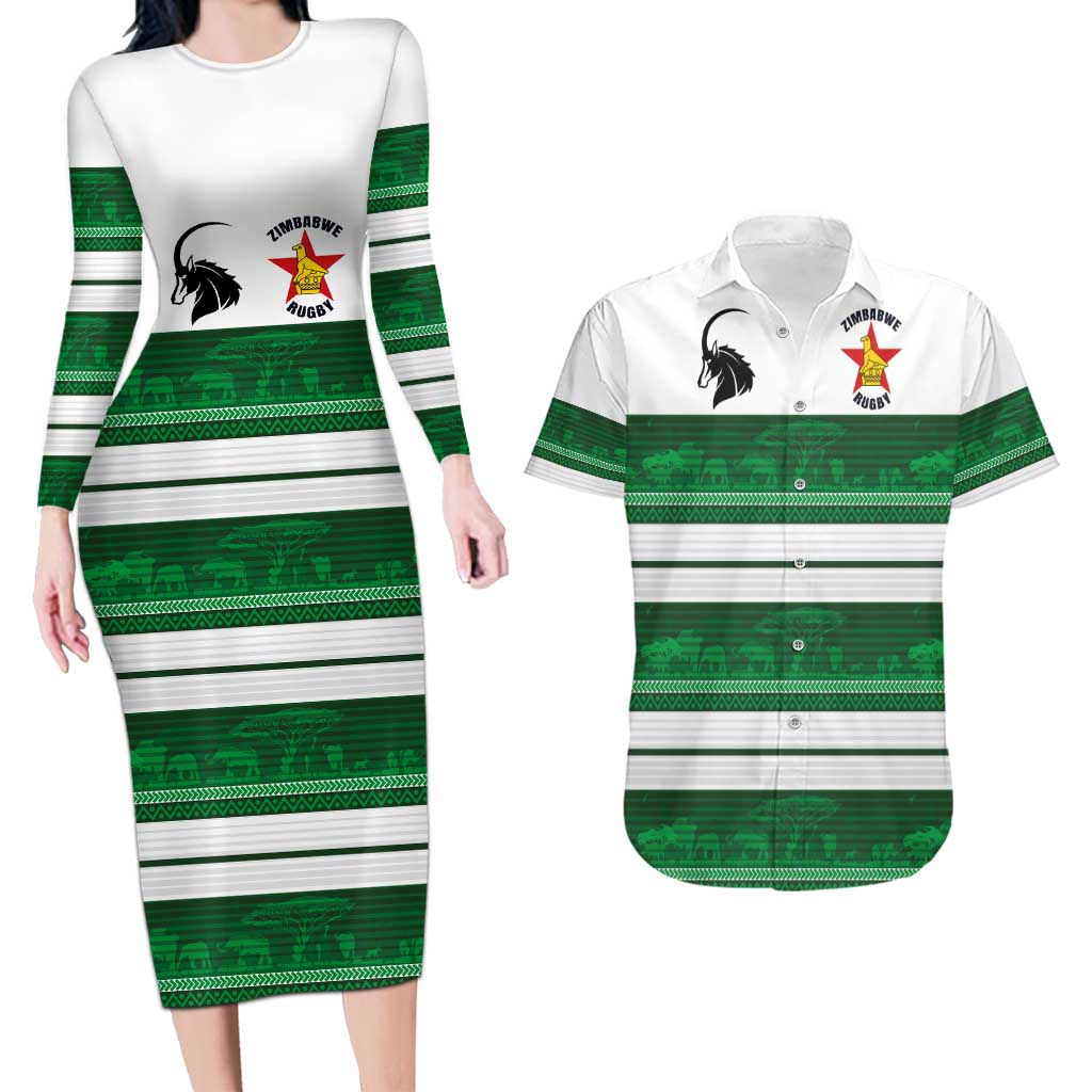 Custom Zimbabwe Rugby Couples Matching Long Sleeve Bodycon Dress and Hawaiian Shirt African Heritage Stripes Style - Wonder Print Shop