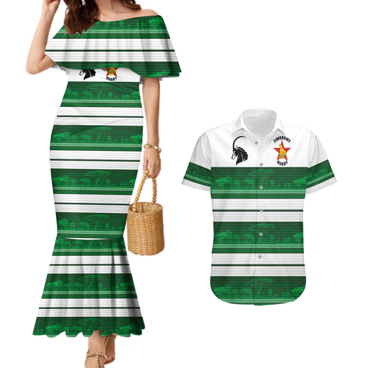 Custom Zimbabwe Rugby Couples Matching Mermaid Dress and Hawaiian Shirt African Heritage Stripes Style - Wonder Print Shop