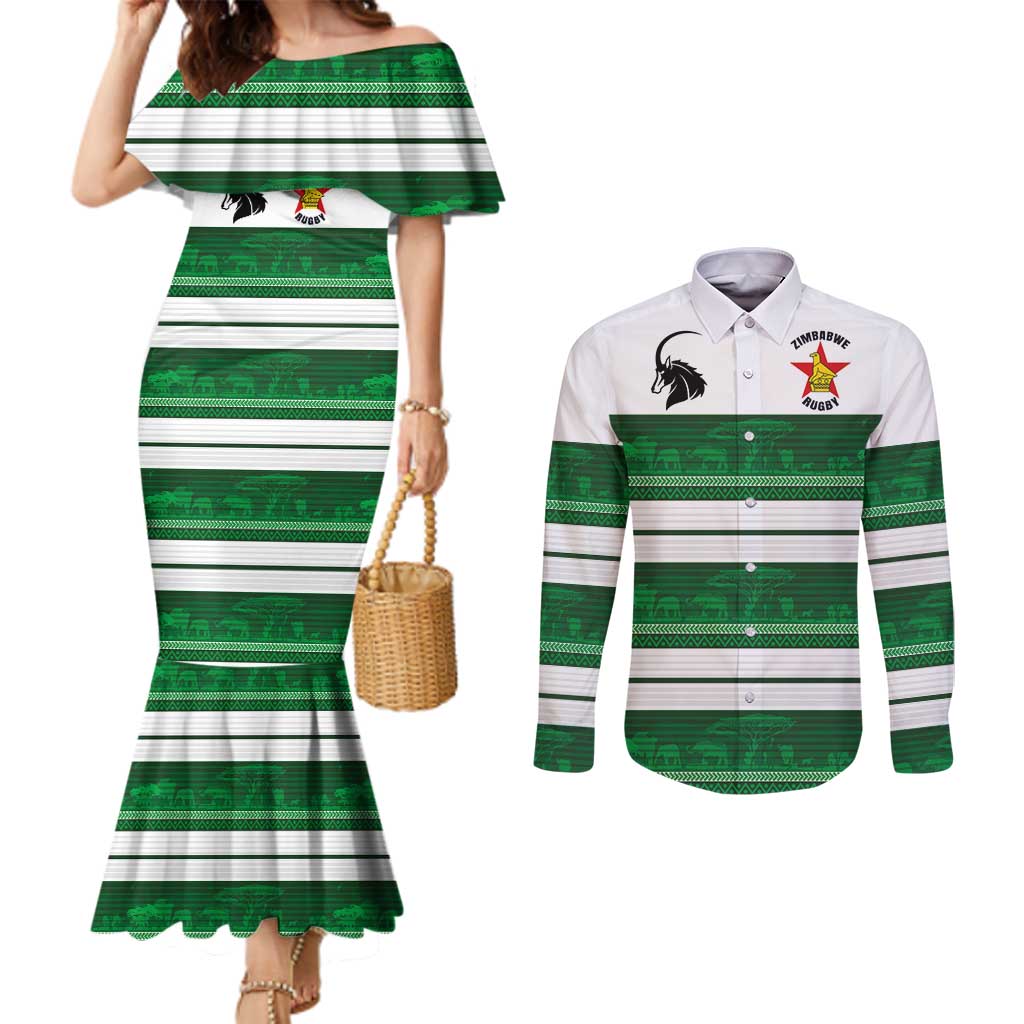 Custom Zimbabwe Rugby Couples Matching Mermaid Dress and Long Sleeve Button Shirt African Heritage Stripes Style - Wonder Print Shop