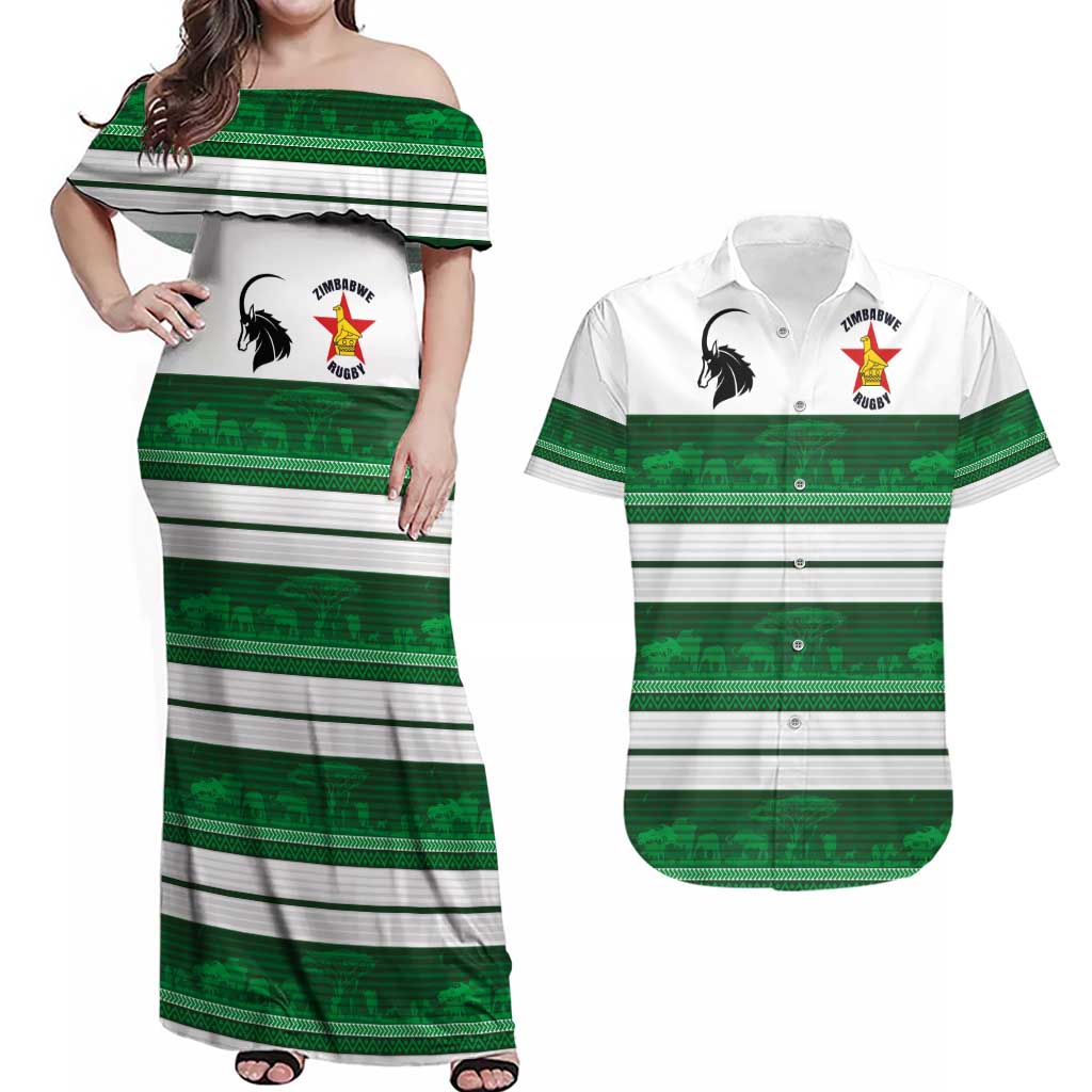 Custom Zimbabwe Rugby Couples Matching Off Shoulder Maxi Dress and Hawaiian Shirt African Heritage Stripes Style - Wonder Print Shop