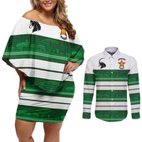 Custom Zimbabwe Rugby Couples Matching Off Shoulder Short Dress and Long Sleeve Button Shirt African Heritage Stripes Style - Wonder Print Shop