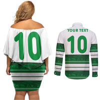 Custom Zimbabwe Rugby Couples Matching Off Shoulder Short Dress and Long Sleeve Button Shirt African Heritage Stripes Style - Wonder Print Shop