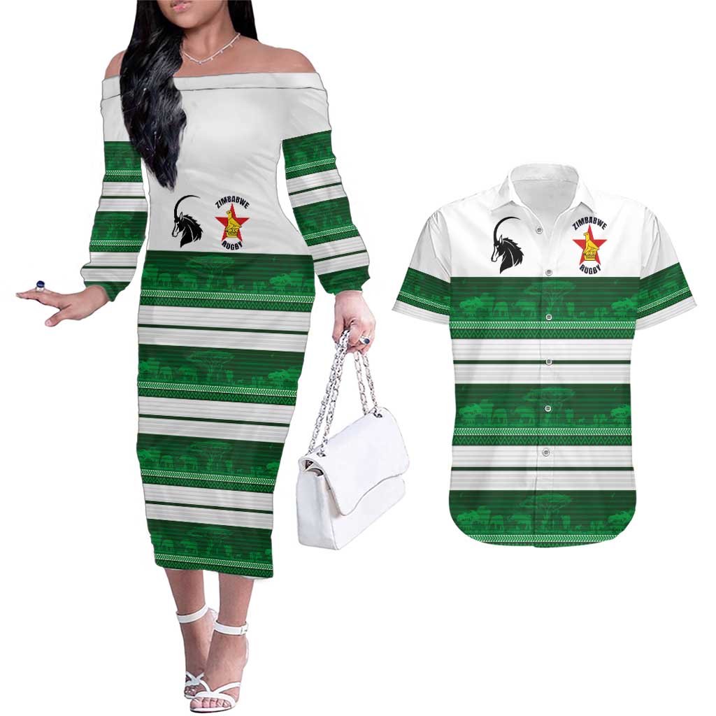 Custom Zimbabwe Rugby Couples Matching Off The Shoulder Long Sleeve Dress and Hawaiian Shirt African Heritage Stripes Style - Wonder Print Shop