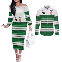 Custom Zimbabwe Rugby Couples Matching Off The Shoulder Long Sleeve Dress and Long Sleeve Button Shirt African Heritage Stripes Style - Wonder Print Shop
