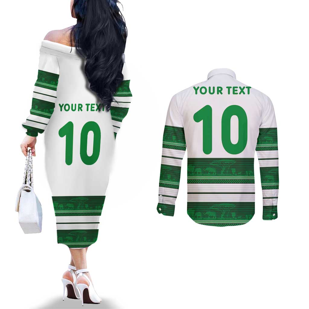 Custom Zimbabwe Rugby Couples Matching Off The Shoulder Long Sleeve Dress and Long Sleeve Button Shirt African Heritage Stripes Style - Wonder Print Shop