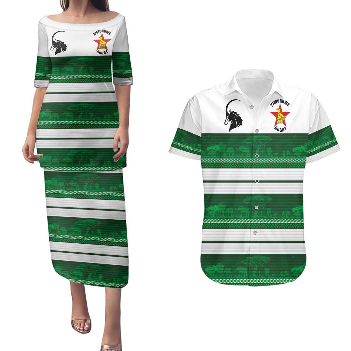 Custom Zimbabwe Rugby Couples Matching Puletasi and Hawaiian Shirt African Heritage Stripes Style - Wonder Print Shop