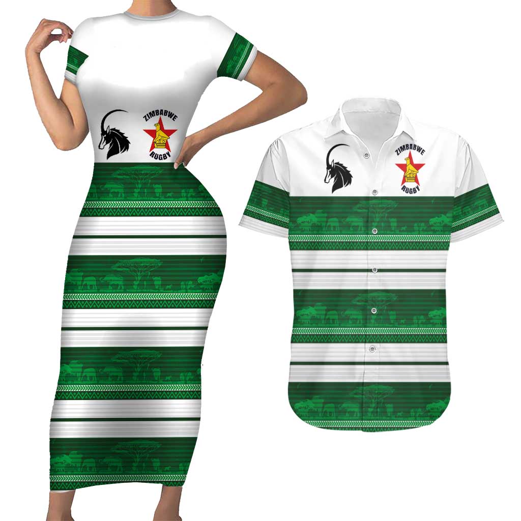 Custom Zimbabwe Rugby Couples Matching Short Sleeve Bodycon Dress and Hawaiian Shirt African Heritage Stripes Style - Wonder Print Shop