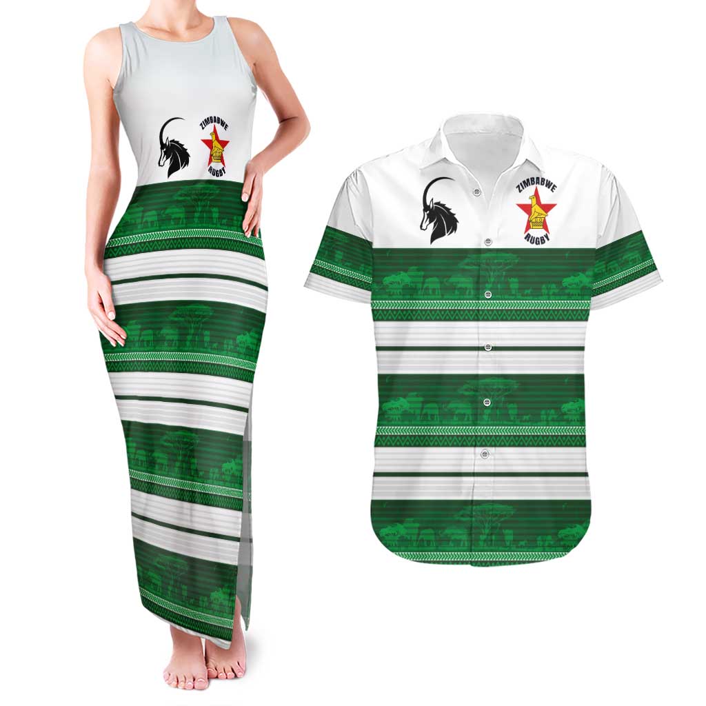 Custom Zimbabwe Rugby Couples Matching Tank Maxi Dress and Hawaiian Shirt African Heritage Stripes Style - Wonder Print Shop