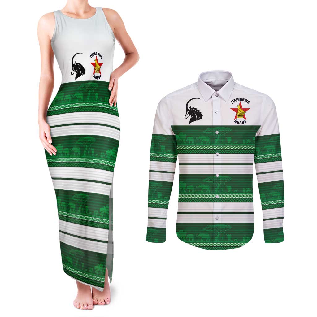 Custom Zimbabwe Rugby Couples Matching Tank Maxi Dress and Long Sleeve Button Shirt African Heritage Stripes Style - Wonder Print Shop