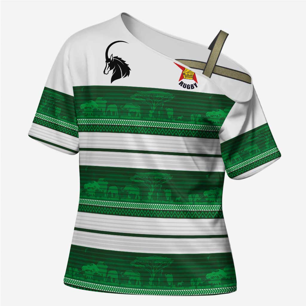 Custom Zimbabwe Rugby Cross Shoulder Shirt African Heritage Stripes Style - Wonder Print Shop