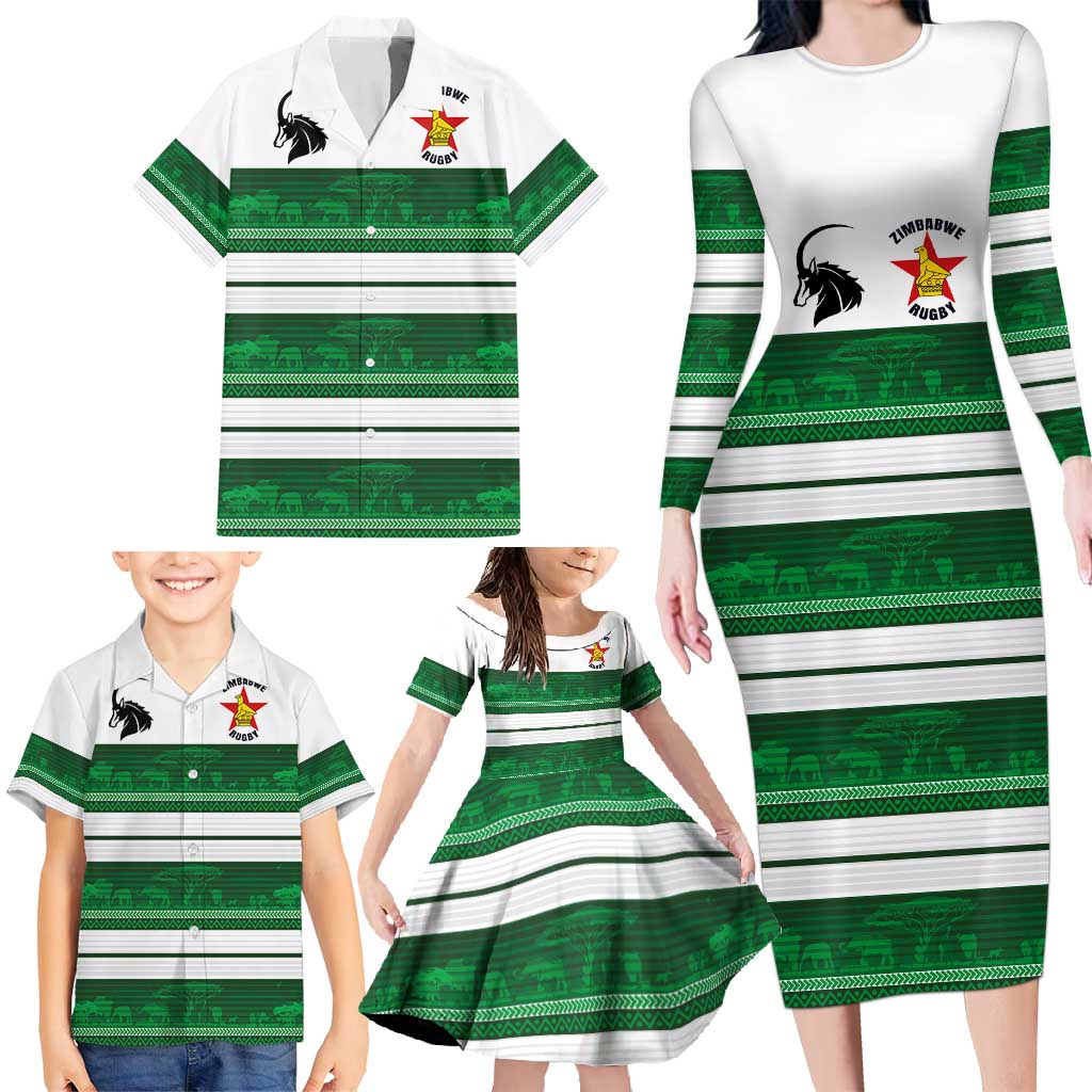 Custom Zimbabwe Rugby Family Matching Long Sleeve Bodycon Dress and Hawaiian Shirt African Heritage Stripes Style - Wonder Print Shop