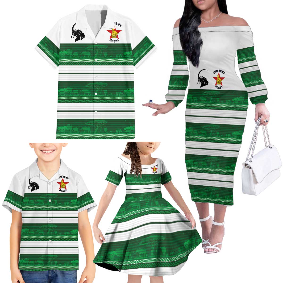 Custom Zimbabwe Rugby Family Matching Off The Shoulder Long Sleeve Dress and Hawaiian Shirt African Heritage Stripes Style - Wonder Print Shop
