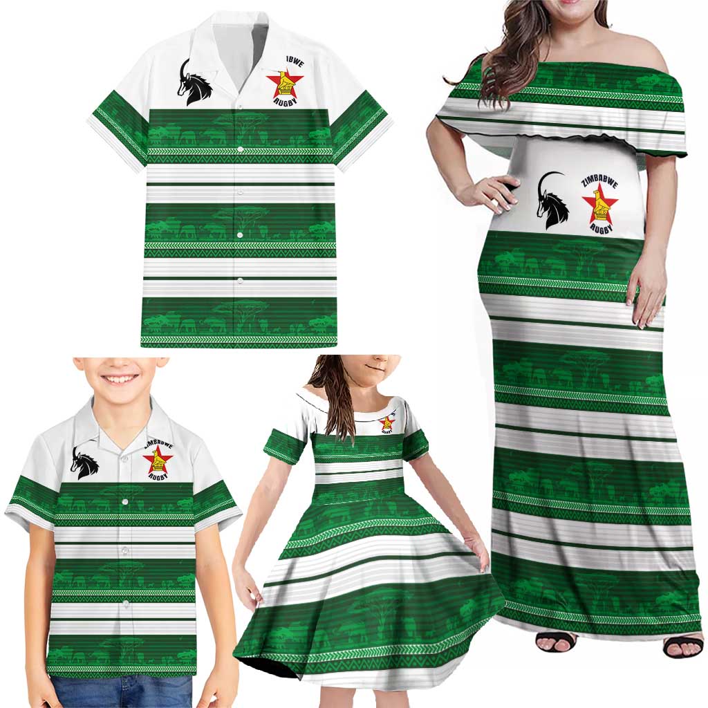 Custom Zimbabwe Rugby Family Matching Off Shoulder Maxi Dress and Hawaiian Shirt African Heritage Stripes Style - Wonder Print Shop