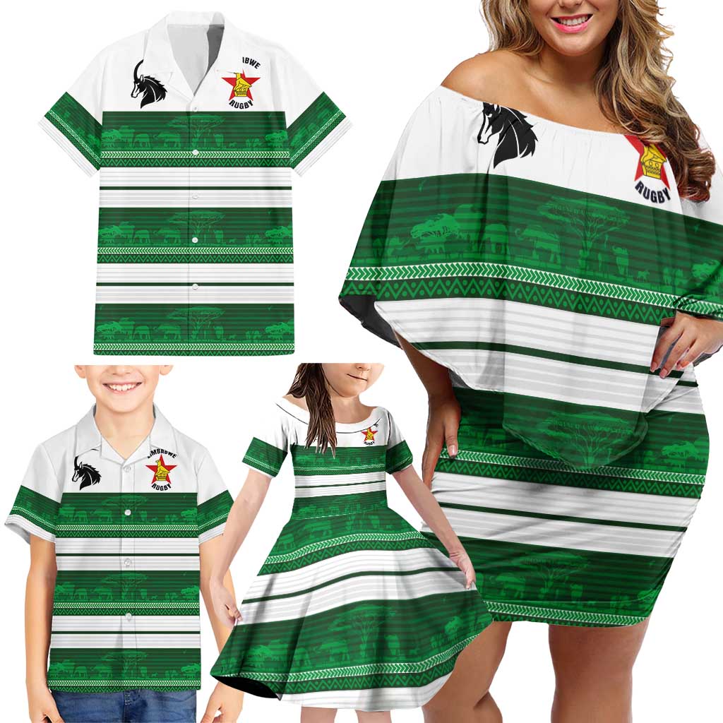 Custom Zimbabwe Rugby Family Matching Off Shoulder Short Dress and Hawaiian Shirt African Heritage Stripes Style - Wonder Print Shop