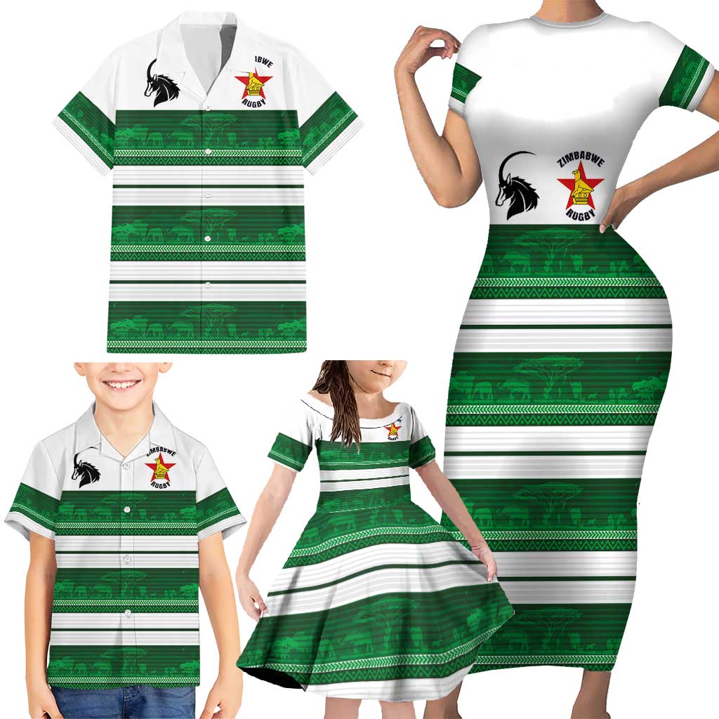 Custom Zimbabwe Rugby Family Matching Short Sleeve Bodycon Dress and Hawaiian Shirt African Heritage Stripes Style - Wonder Print Shop