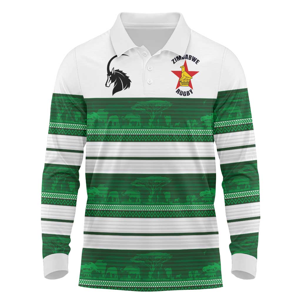 Custom Zimbabwe Rugby Long Sleeve Polo Shirt African Heritage Stripes Style - Wonder Print Shop