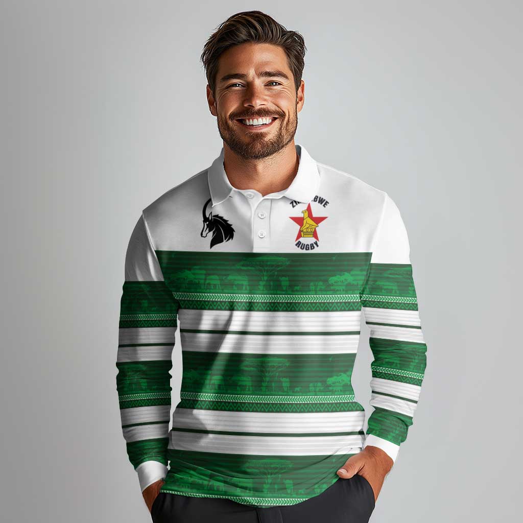 Custom Zimbabwe Rugby Long Sleeve Polo Shirt African Heritage Stripes Style - Wonder Print Shop