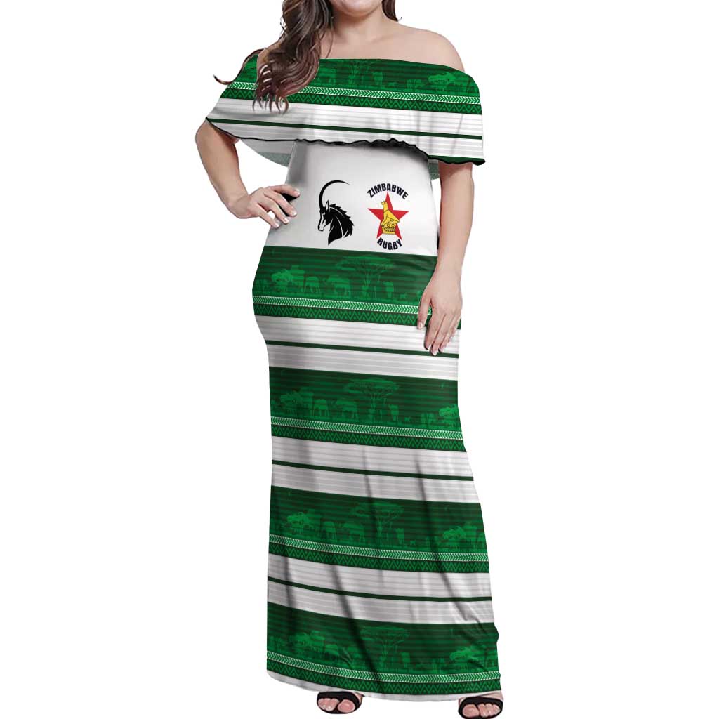 Custom Zimbabwe Rugby Off Shoulder Maxi Dress African Heritage Stripes Style - Wonder Print Shop
