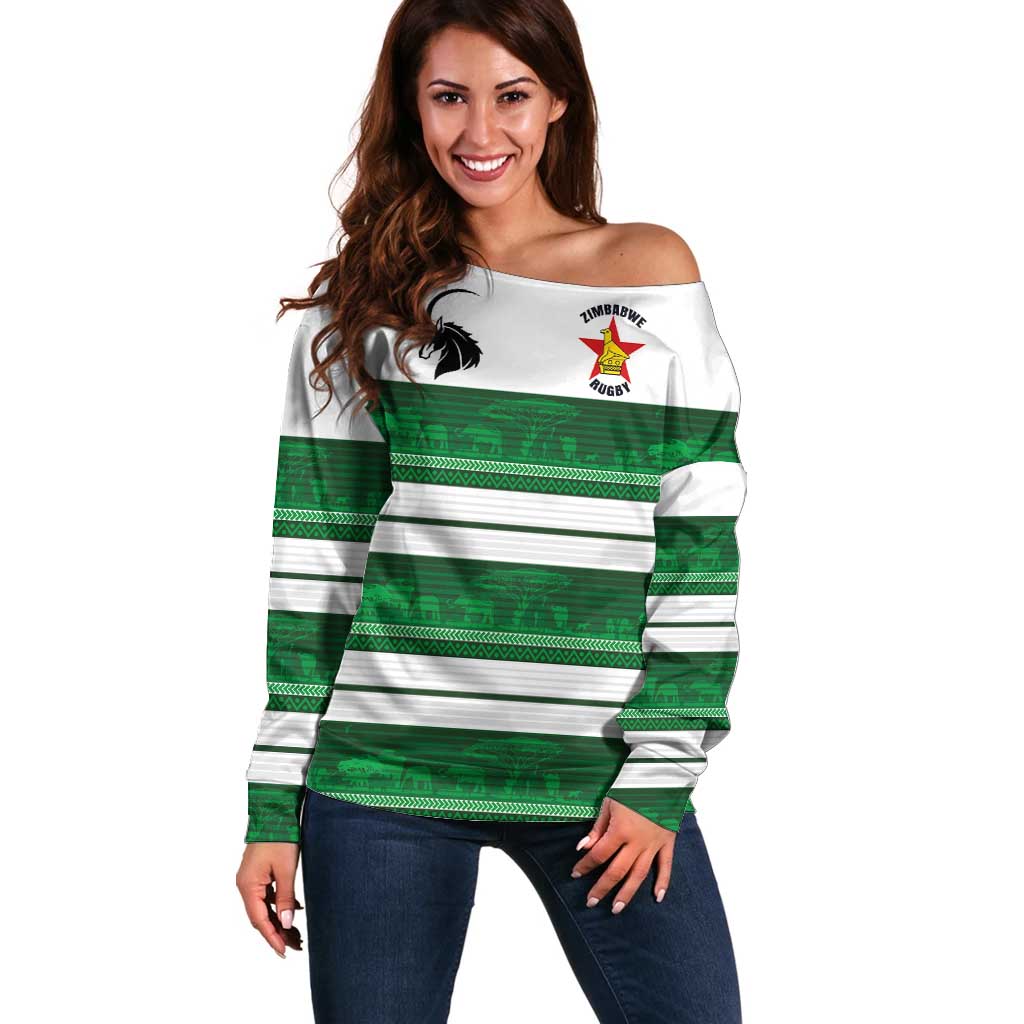 Custom Zimbabwe Rugby Off Shoulder Sweater African Heritage Stripes Style - Wonder Print Shop