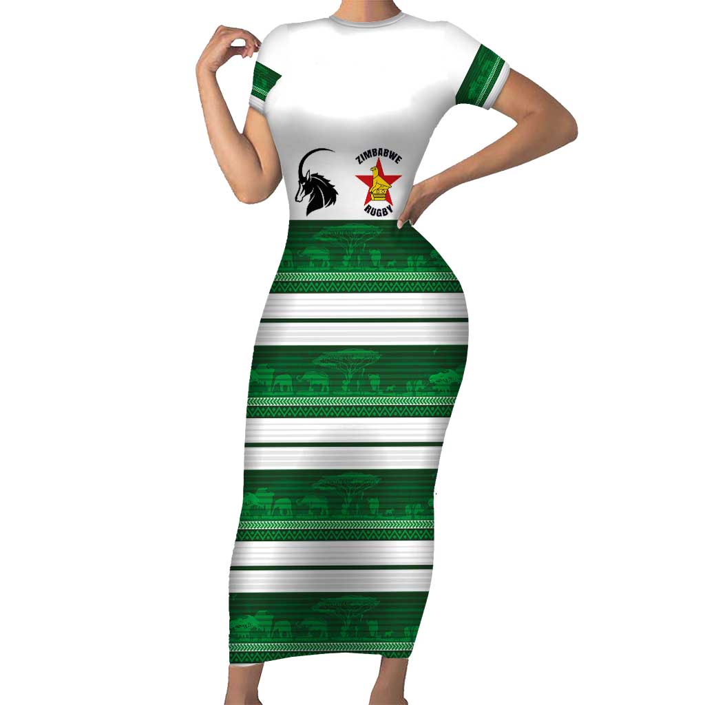Custom Zimbabwe Rugby Short Sleeve Bodycon Dress African Heritage Stripes Style - Wonder Print Shop