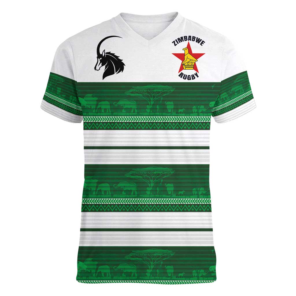 Custom Zimbabwe Rugby Women V-Neck T-Shirt African Heritage Stripes Style - Wonder Print Shop
