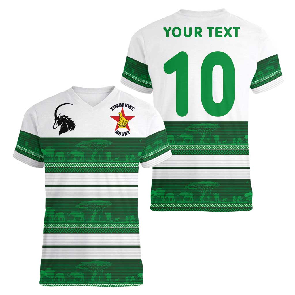 Custom Zimbabwe Rugby Women V-Neck T-Shirt African Heritage Stripes Style - Wonder Print Shop