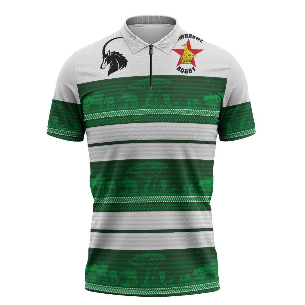 Custom Zimbabwe Rugby Zipper Polo Shirt African Heritage Stripes Style - Wonder Print Shop