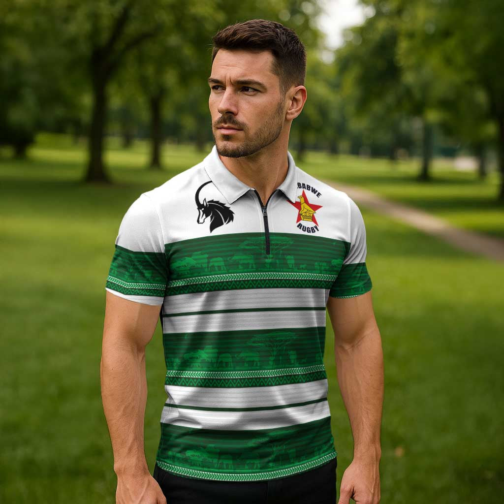 Custom Zimbabwe Rugby Zipper Polo Shirt African Heritage Stripes Style - Wonder Print Shop