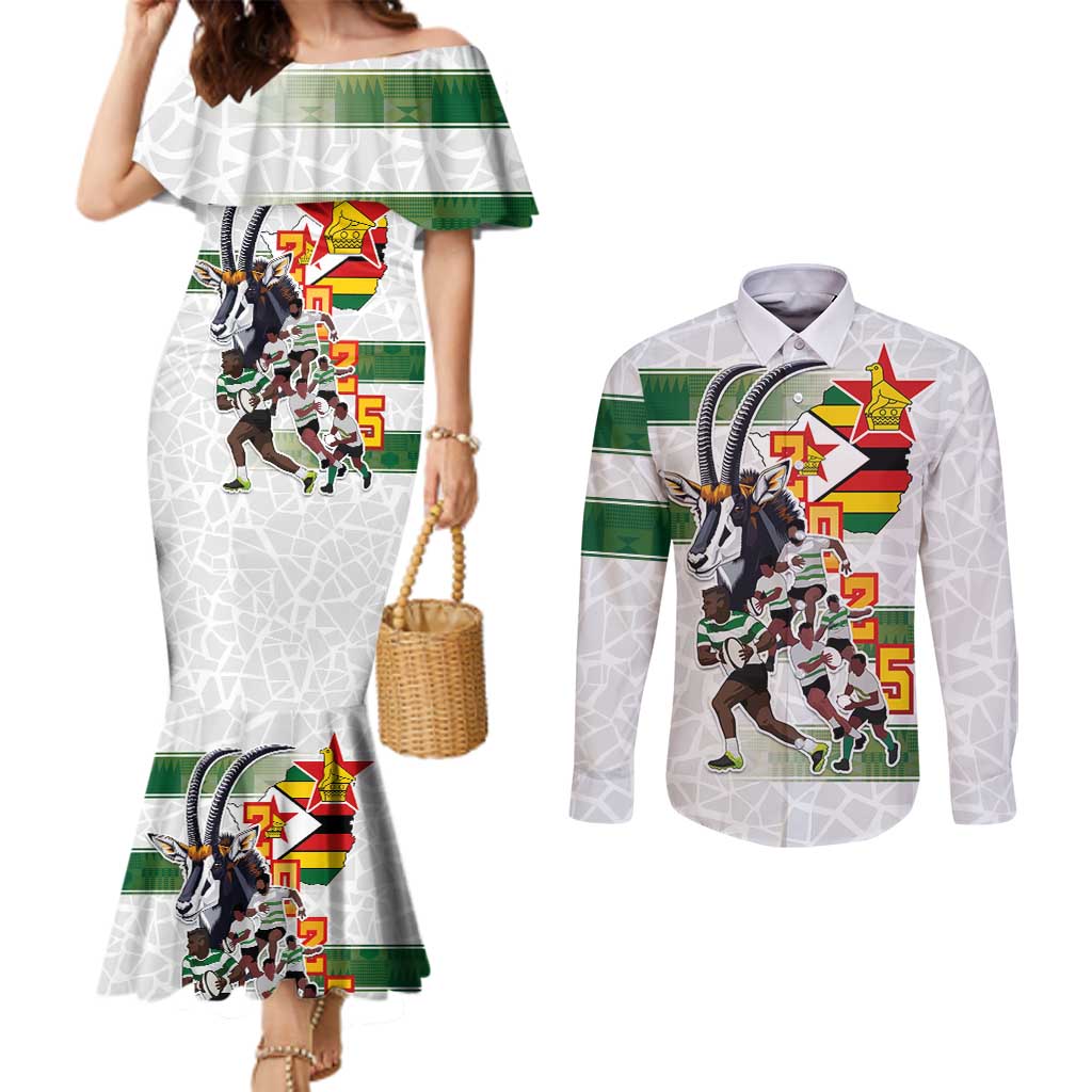 Custom Zimbabwe Rugby The Champions 2025 Couples Matching Mermaid Dress and Long Sleeve Button Shirt Warriors Sable Antelope - Wonder Print Shop