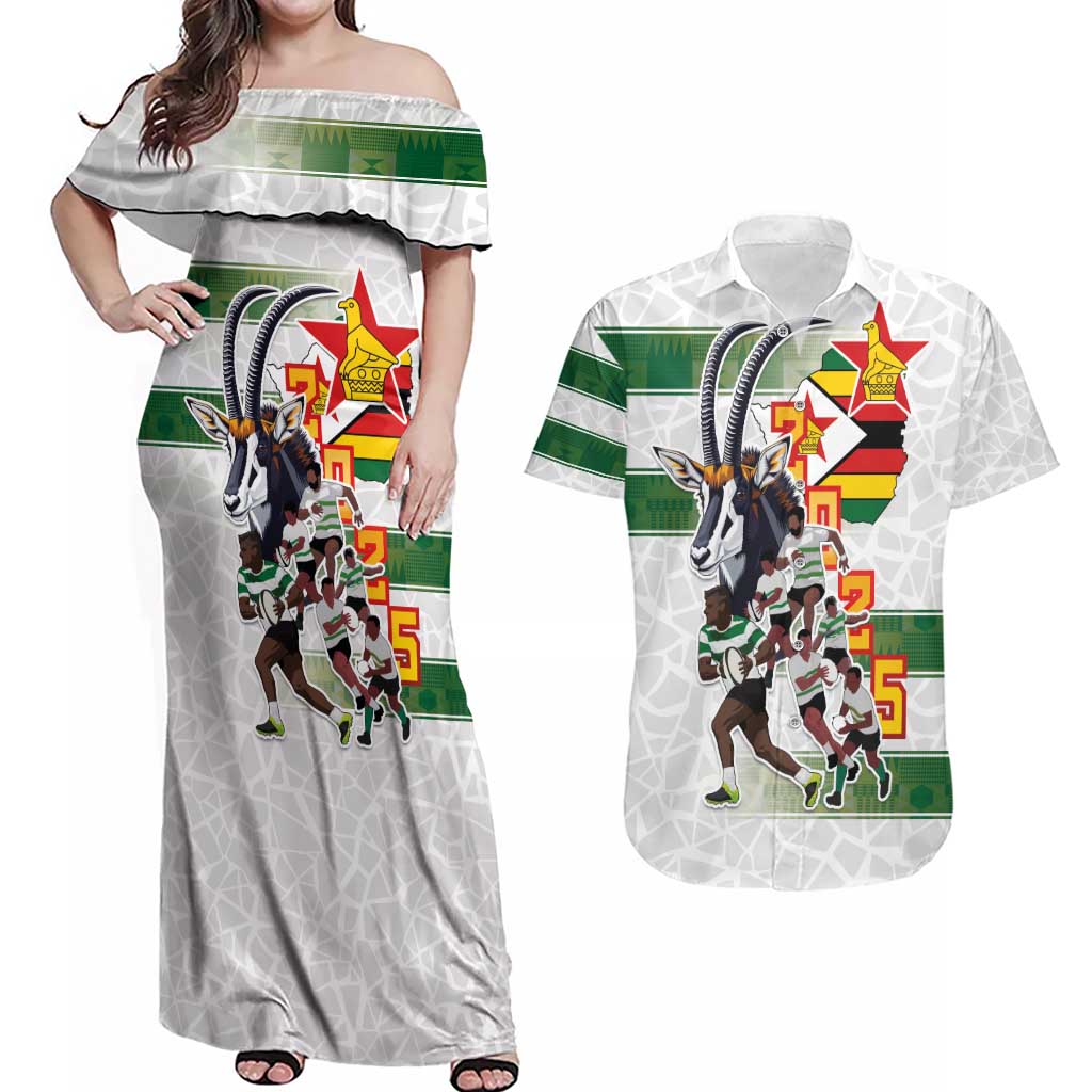 Custom Zimbabwe Rugby The Champions 2025 Couples Matching Off Shoulder Maxi Dress and Hawaiian Shirt Warriors Sable Antelope - Wonder Print Shop