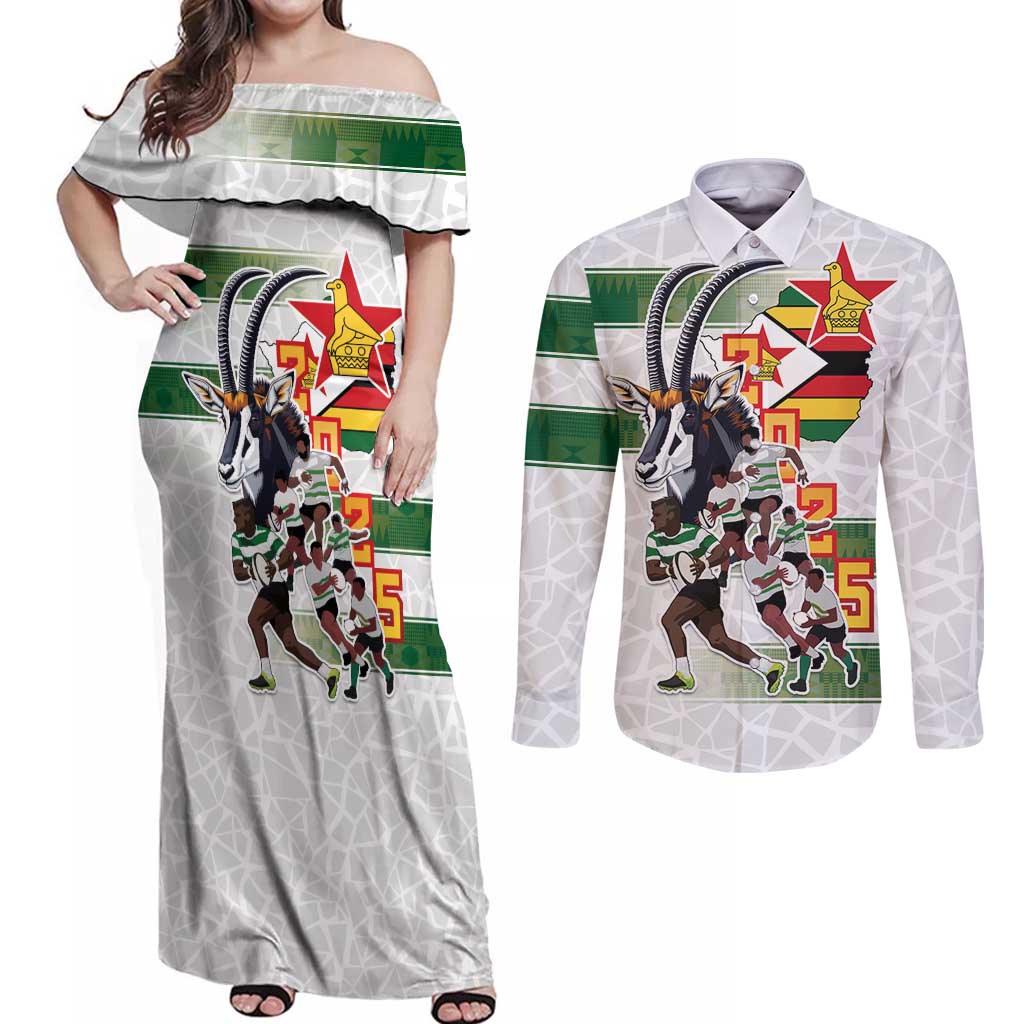 Custom Zimbabwe Rugby The Champions 2025 Couples Matching Off Shoulder Maxi Dress and Long Sleeve Button Shirt Warriors Sable Antelope - Wonder Print Shop