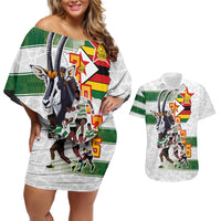 Custom Zimbabwe Rugby The Champions 2025 Couples Matching Off Shoulder Short Dress and Hawaiian Shirt Warriors Sable Antelope - Wonder Print Shop