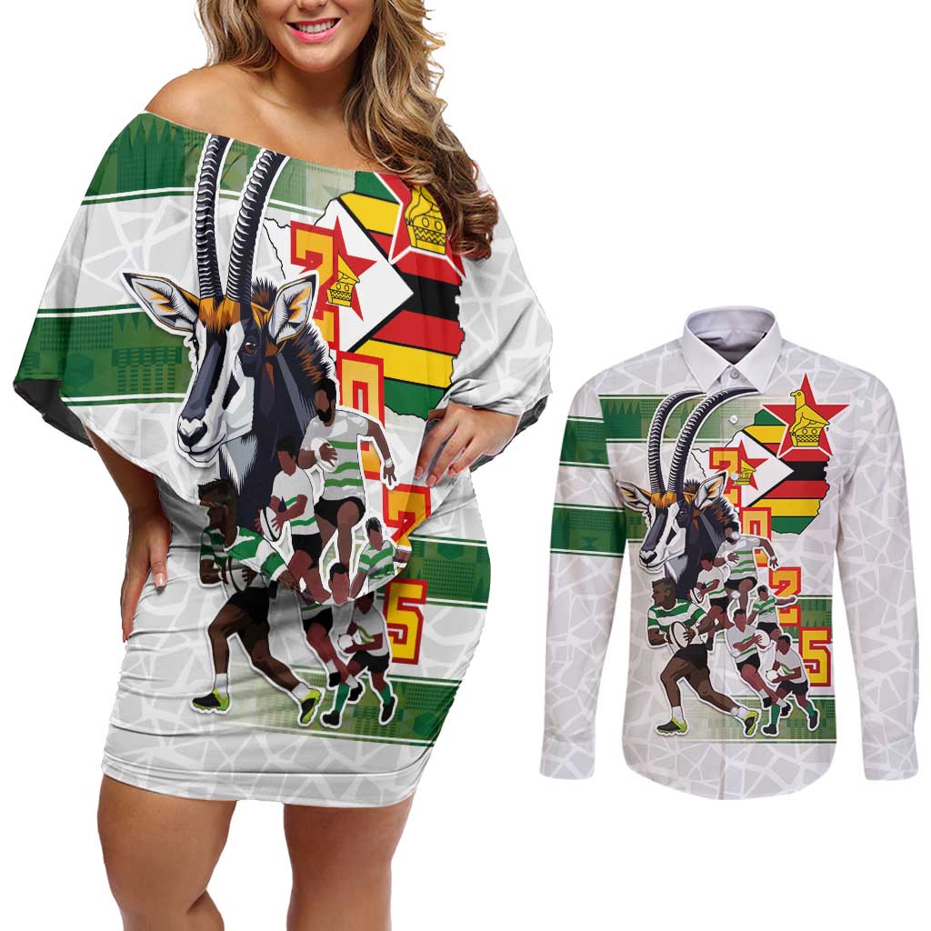 Custom Zimbabwe Rugby The Champions 2025 Couples Matching Off Shoulder Short Dress and Long Sleeve Button Shirt Warriors Sable Antelope - Wonder Print Shop