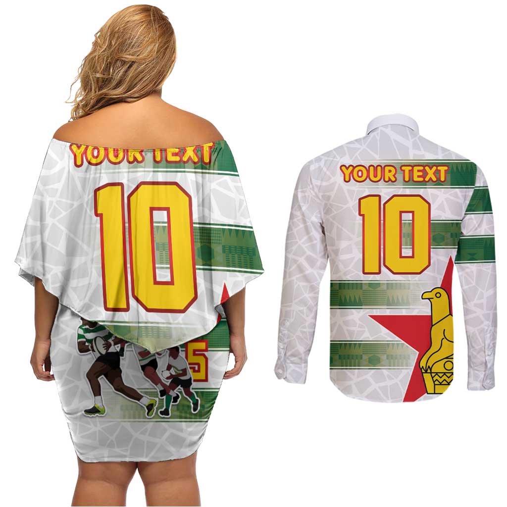 Custom Zimbabwe Rugby The Champions 2025 Couples Matching Off Shoulder Short Dress and Long Sleeve Button Shirt Warriors Sable Antelope - Wonder Print Shop