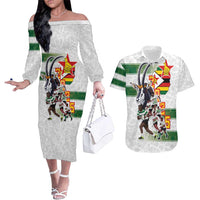 Custom Zimbabwe Rugby The Champions 2025 Couples Matching Off The Shoulder Long Sleeve Dress and Hawaiian Shirt Warriors Sable Antelope - Wonder Print Shop