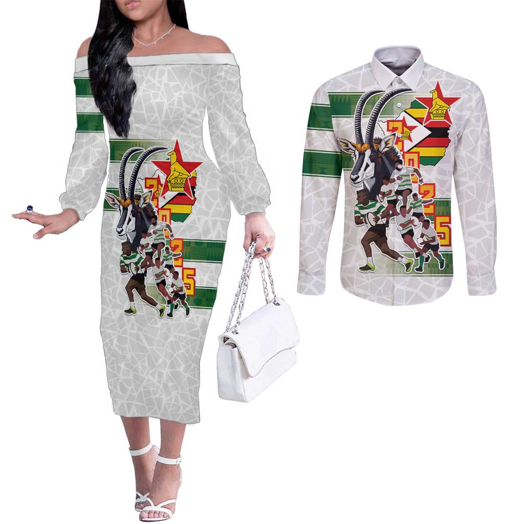 Custom Zimbabwe Rugby The Champions 2025 Couples Matching Off The Shoulder Long Sleeve Dress and Long Sleeve Button Shirt Warriors Sable Antelope - Wonder Print Shop