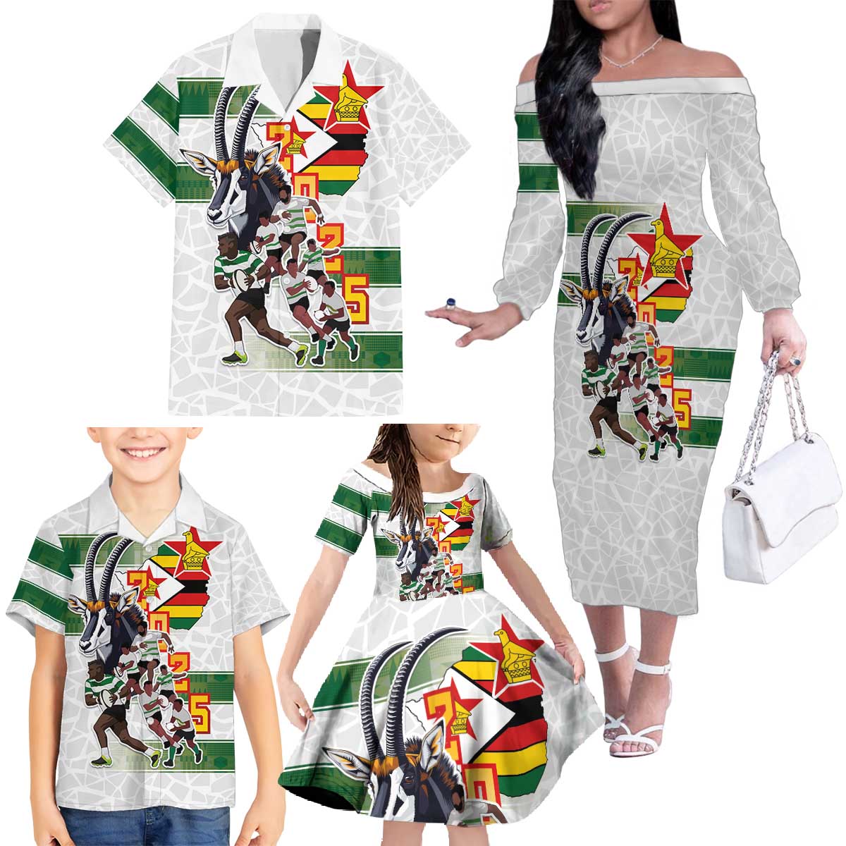 Custom Zimbabwe Rugby The Champions 2025 Family Matching Off The Shoulder Long Sleeve Dress and Hawaiian Shirt Warriors Sable Antelope - Wonder Print Shop