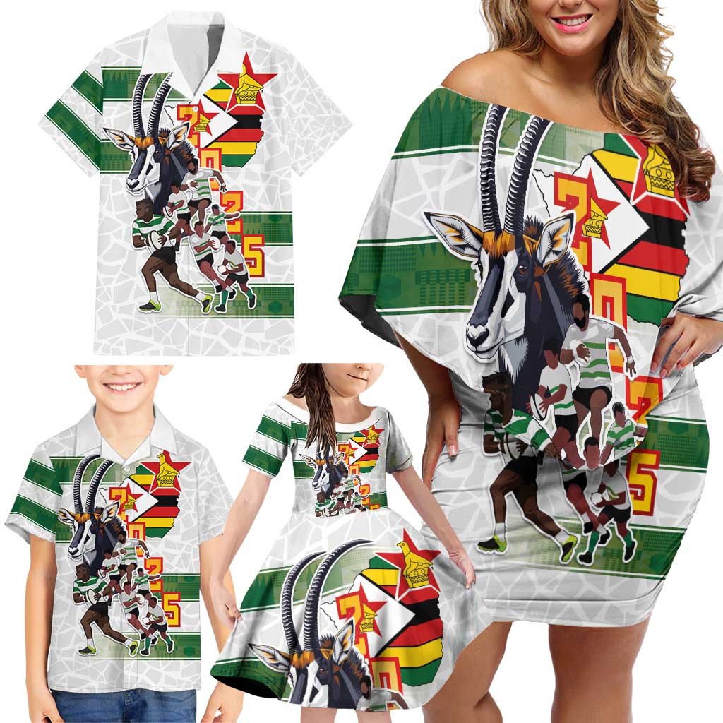 Custom Zimbabwe Rugby The Champions 2025 Family Matching Off Shoulder Short Dress and Hawaiian Shirt Warriors Sable Antelope - Wonder Print Shop