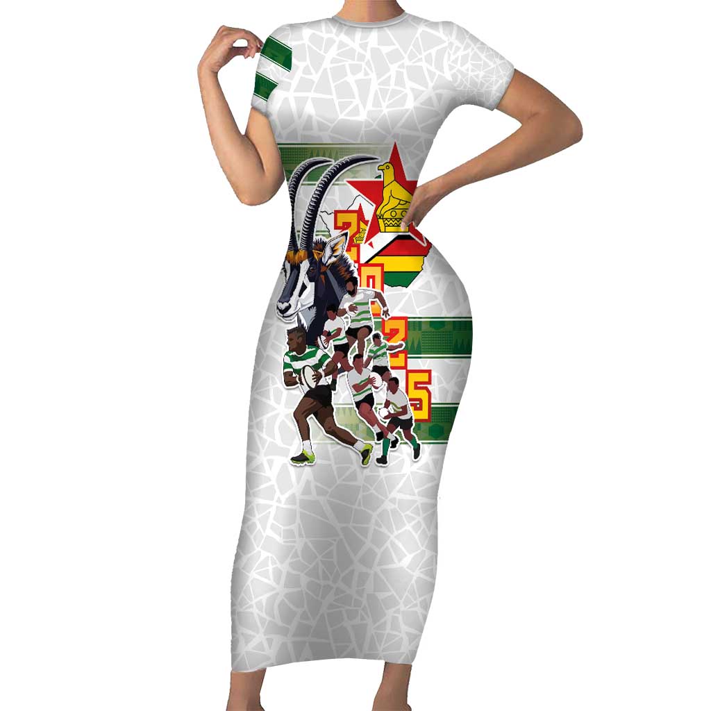 Custom Zimbabwe Rugby The Champions 2025 Short Sleeve Bodycon Dress Warriors Sable Antelope - Wonder Print Shop