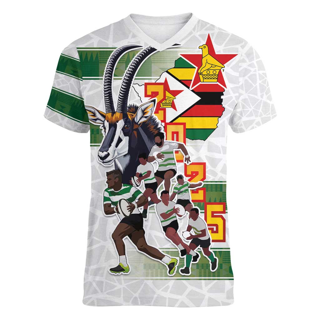 Custom Zimbabwe Rugby The Champions 2025 Women V-Neck T-Shirt Warriors Sable Antelope - Wonder Print Shop