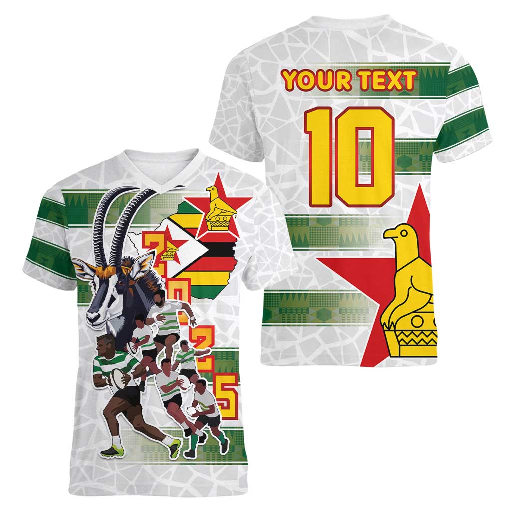 Custom Zimbabwe Rugby The Champions 2025 Women V-Neck T-Shirt Warriors Sable Antelope - Wonder Print Shop
