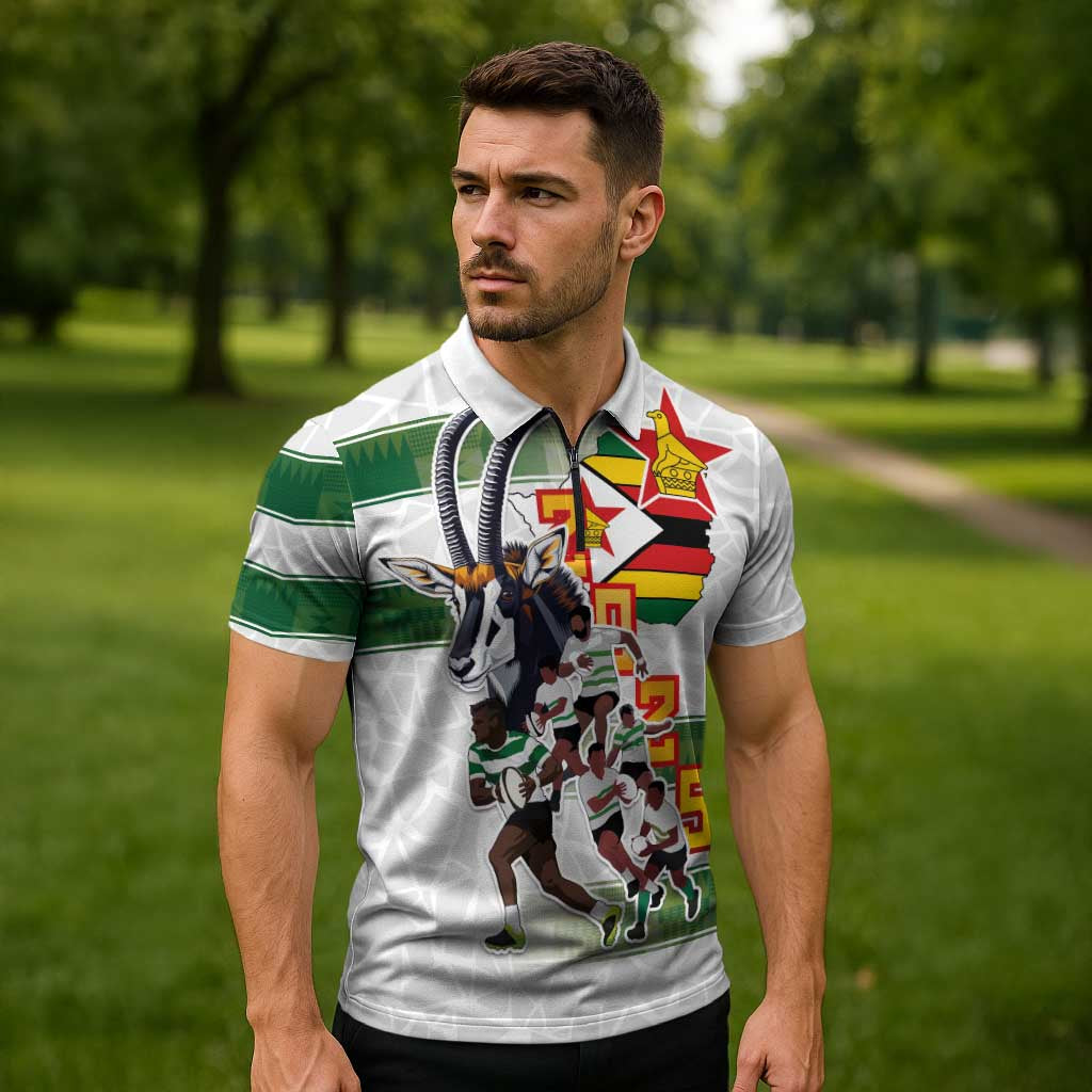 Custom Zimbabwe Rugby The Champions 2025 Zipper Polo Shirt Warriors Sable Antelope - Wonder Print Shop